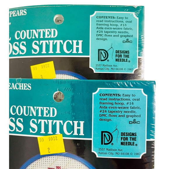 Counted Cross Stitch Kits Lot of 2 Pears Peaches Fruit Frame Hoop New Sealed NOS - Picture 5 of 5